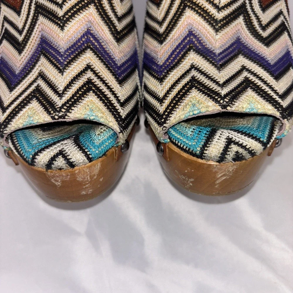 Missoni Multicolor Chevron Knit Fabric Wood Platform PEEP TOE Clogs Size 38 Rare